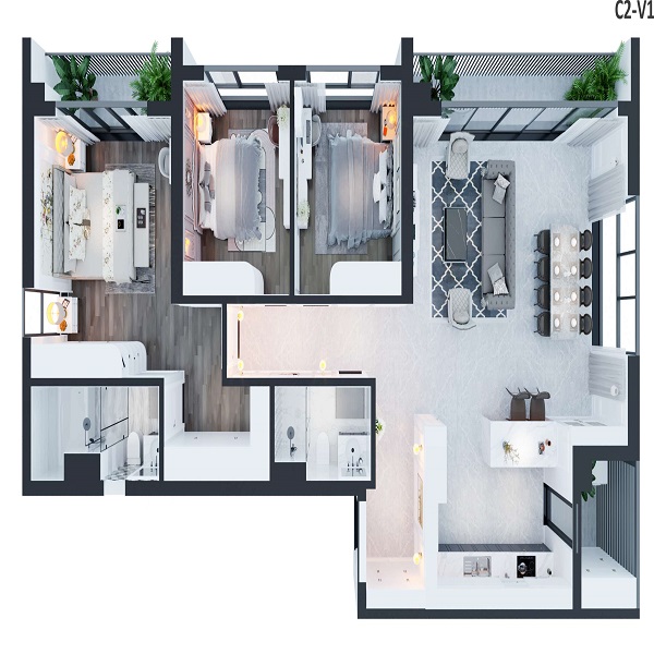 thiết kế căn hộ 3 phòng ngủ sentosa sky park